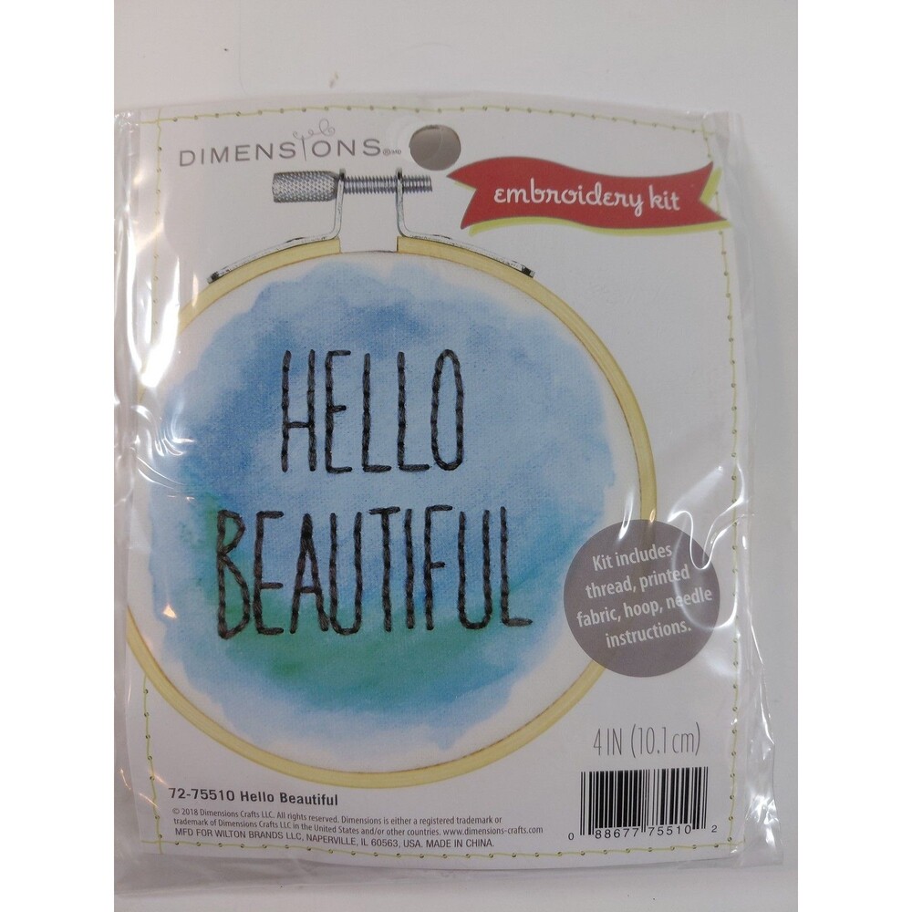 Dimensions Hello Beautiful Embroidery Kit 4 IN Hoop Printed Fabric Thread Needle